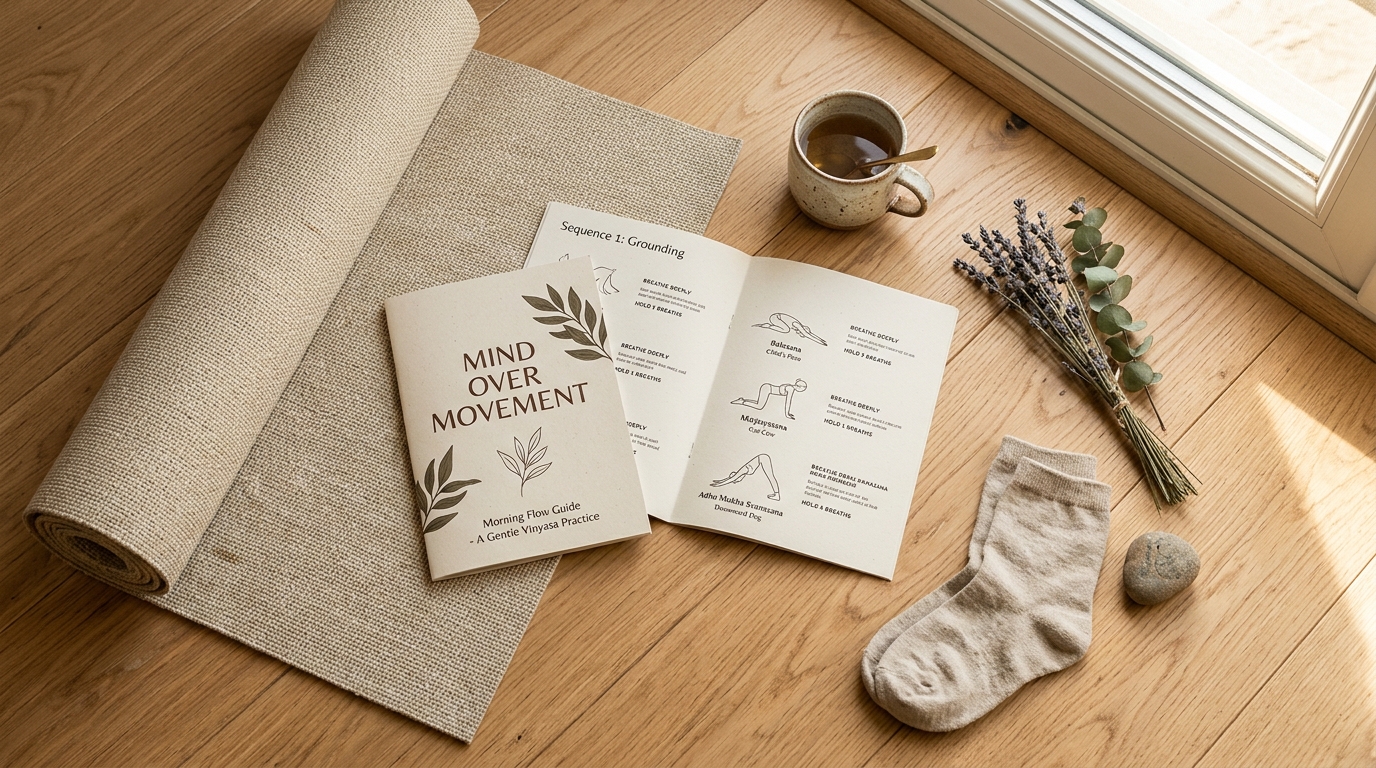 Calm wellness kit with a mat and guide arranged on a sunlit wooden floor