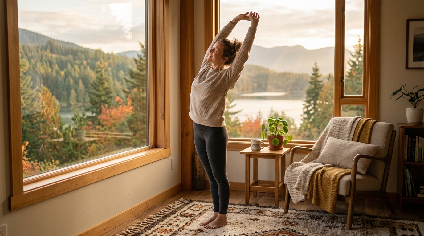Person enjoying a calm morning movement routine by a sunlit window