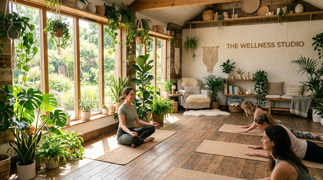 Bright, plant-filled wellness studio with natural light and wooden floors