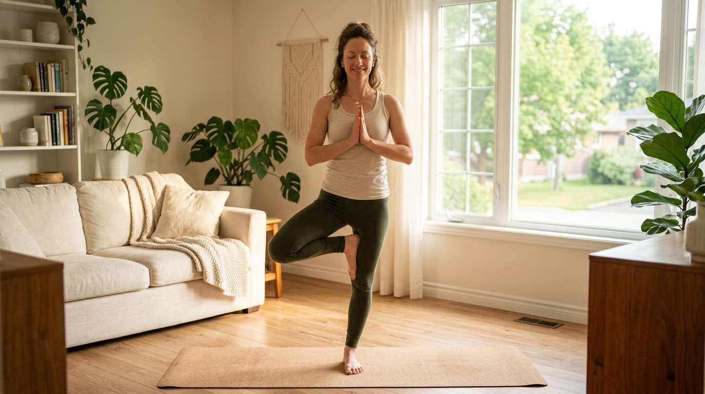 Adult practicing a calm balance movement in warm morning sunlight at home